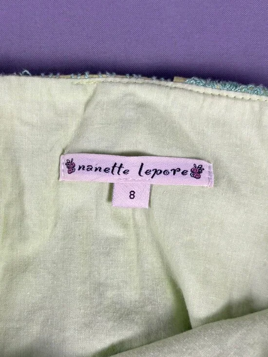 Nanette Lepore Aqua Neon Green Textured Skirt Fringe Hem Belted Size 8 Lined - Picture 4 of 7